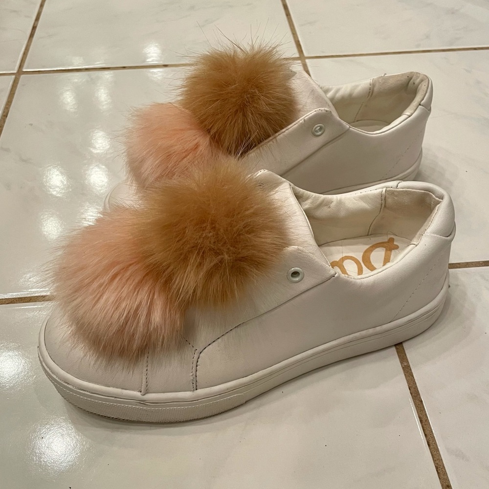 Sam Edelman white sneakers with pink and tan pom poms